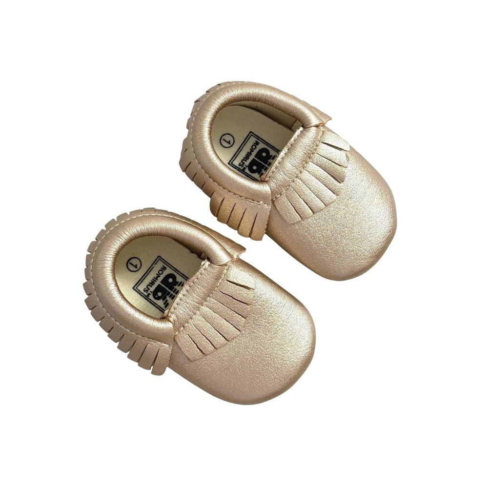 New Romirus Baby Girls Rose Gold Fringe Soft Sole Moccasins Shoes 1 0-6 Months